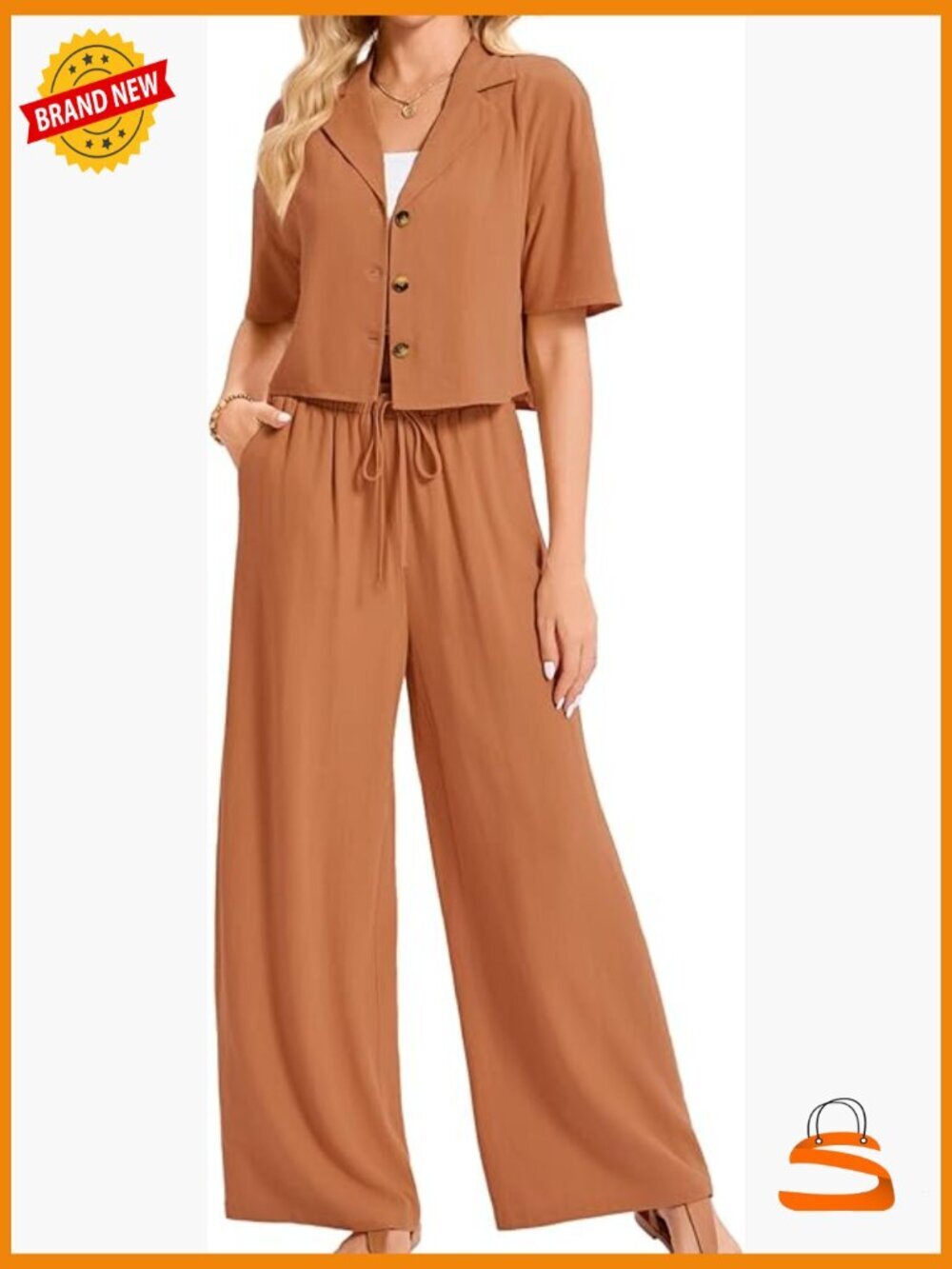 Linen 2 Piece Set - Short Sleeve Button Shirt & Wide Leg Pants - Business